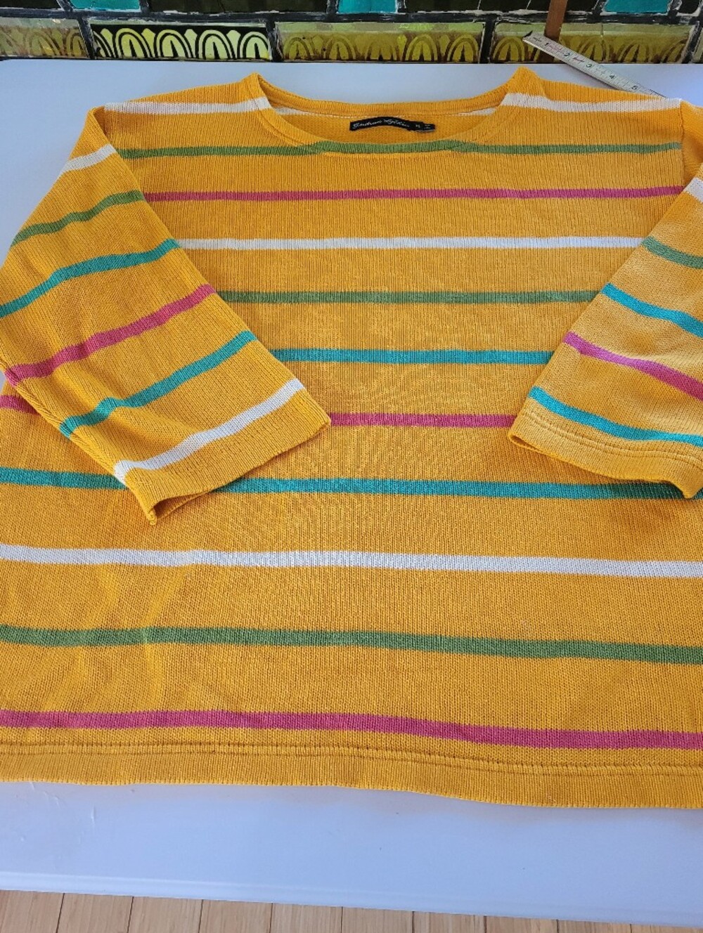 Gudrun Sjoden XL Organic Linen Blend Yellow Striped Knit Top Multicolor Stripes